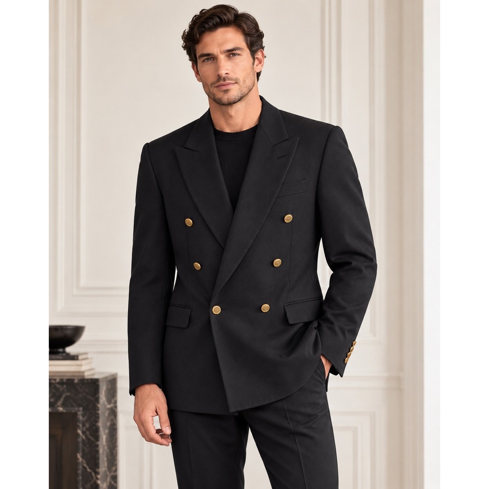 Oscar de la Renta Vintage Mens Double Breasted Wool Blazer Black Gold Button 40L